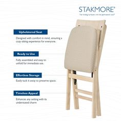 the back side of a wooden chair with instructions on how to put upholstered seat