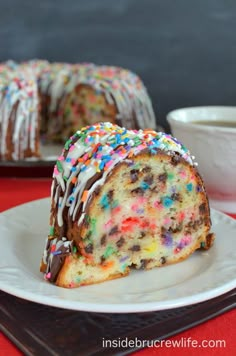 a bundt cake with sprinkles and chocolate frosting on a plate