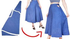 a woman is wearing a blue skirt and heels