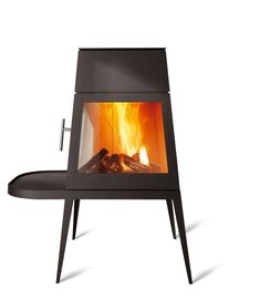 a black stove with flames in it on a white background