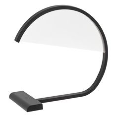 a black and white desk lamp with a circular light on it's side, against a white background