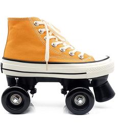 an orange shoe with black wheels and white laces on the bottom is shown in front of a white background