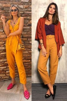 Looks Kimono, Yellow Trousers Outfit, Autumn Color Palette Fashion, Look Kimono, Casual Chic Outfits, Color Combinations For Clothes, Orange Outfit