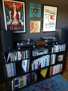 an entertainment center with cd's, movies and cds