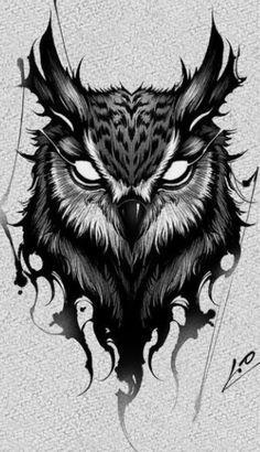 an owl's face with black and white ink