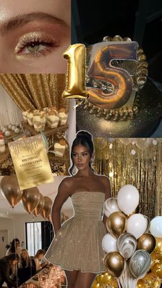 a collage of photos with gold and silver decorations, balloons, and other items