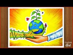 a painting of a hand holding a green plant with the earth in it's palm