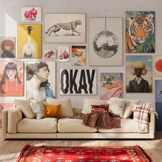 a living room filled with furniture and lots of pictures on the wall above it's couch