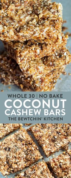 whole 30 no bake coconut cashew bars stacked on top of each other with text overlay