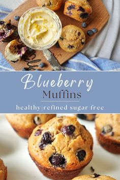 blueberry muffins on a cutting board with butter and fresh blueberries in the background