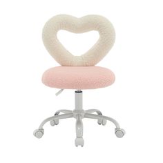 a pink and white chair with a heart shaped cushion on it's seat pad