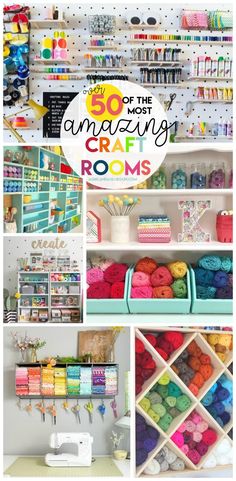 sewing room with lots of crafting supplies on the shelves and colorful yarns in baskets