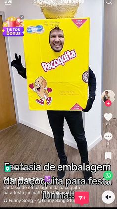 the man is wearing a box costume