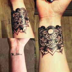 three different tattoos on both wrist and hand, one with an ornamental design in the middle