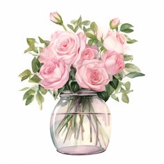 a painting of pink roses in a glass vase with greenery on the bottom and inside