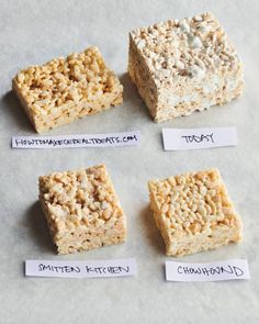 four different types of rice krispy treats on top of each other with words written below them