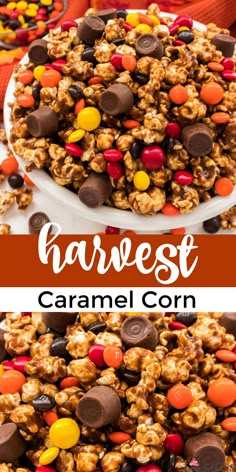 a bowl full of candy corn with the words harvest caramel corn on top and below