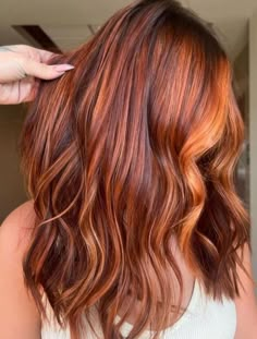 Copper Hair Fall 2023, Deminsional Copper Hair, Copper Dimensional Hair Color, Best Clothing Colors For Copper Hair, Auburn Hair Summer, Copper Hair With High And Low Lights, Copper Hair With Honey Highlights, Sunflower Ombre Hair, Auburn Hair Shadow Root