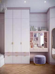 a bedroom with pink and white furniture in the corner, along with a purple ottoman