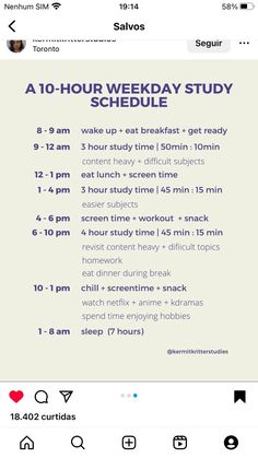 an iphone screen showing the schedule for a 10 hour week study