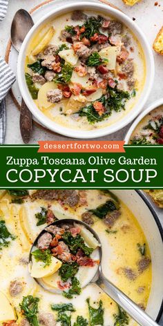 Warm up with Zuppa Toscana Olive Garden Copycat Soup! This homemade recipe features creamy potato soup with bacon, sausage, and kale, all made in a small Dutch oven. It’s the perfect comfort food recipe and a delicious soup recipe for dinner. Get cooking! Tuscany Soup Olive Garden Recipe, Zappa Soup, Creamy Sausage And Potato Soup, Zuppa Toscano, Copycat Olive Garden Zuppa Toscana, Copycat Olive Garden Zuppa, Olive Garden Zuppa Toscana Soup, Sausage And Potato Soup, Olive Garden Zuppa