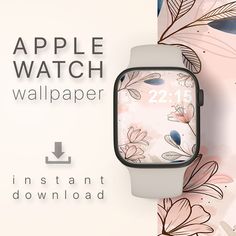 an apple watch wallpaper with flowers and leaves on the front, against a pink background