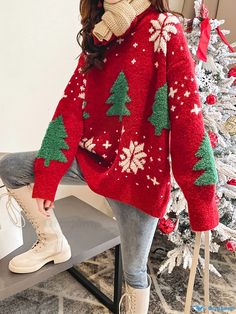 Orcajump - Christmas Tree & Snowflake Pattern Pullover Sweater, Casual Long Sleeve Crew Neck Sweater, Women's Clothing Snowflake Pattern, Crew Neck Sweater, Pullover Sweaters, Types Of Printing, Knitted Fabric, Collar Styles, Geometric Pattern, Crew Neck, Christmas Tree