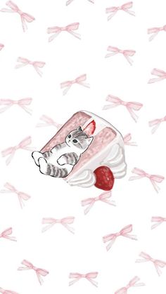 a drawing of a cat in a piece of cake with pink bows on the side