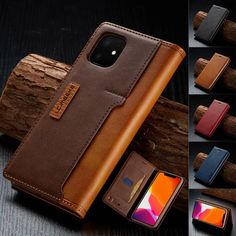 an iphone case with card slot and wallet in various colors, sitting on top of a piece of wood