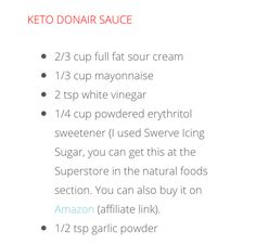 the ingredients for keto donut sauce on a white background with text overlay