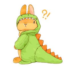 a cartoon dinosaur with a question mark above it's head, sitting on the ground