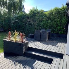 there is a planter on the wooden deck