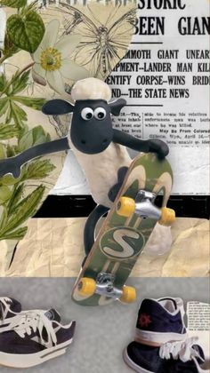 a skateboarder is riding next to some shoes and a sheep with the letter s on it