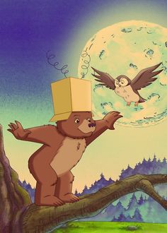 an animated bear is on a tree branch in front of a full moon and flying bird