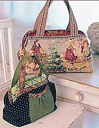 two purses sitting next to each other on top of a white bench in front of a window