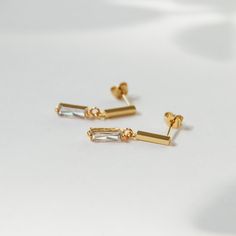 Tapered Baguette Earrings, Modern Gold Baguette Earrings, Modern Baguette-shaped Gold Earrings, Modern Baguette Gold Earrings, Gold Cubic Zirconia Baguette Earrings, Baguette Earrings, Baguette Earring, Earrings Minimal, Tarnish Remover