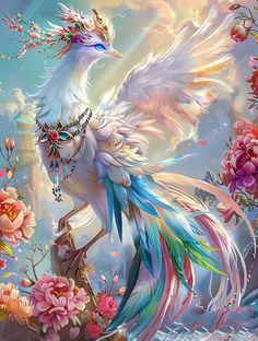 a painting of a white bird with colorful feathers and flowers on it's back