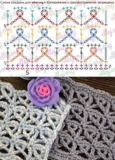 two crocheted squares with flowers on them and the same pattern in different colors