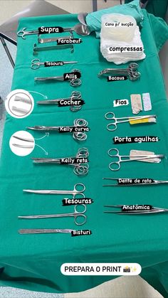 medical instruments are displayed on a table in an operating room, labeled with the names of them