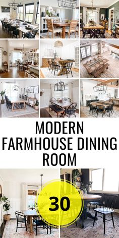 Dive into modern farmhouse dining room decor with a mix of rustic chic and mid-century influences. Incorporate black wall decor, vintage rugs, and a unique table centerpiece to add character. Choose paint colors and light fixtures that highlight the furniture, table, and chairs. Finish with cozy curtains and accent lighting for a warm, stylish atmosphere. Modern Farmhouse Dining Rooms Ideas, Living Dining Room Inspiration, Dining Room With Windows Decor, Wing Back Dining Room Chairs, Black Accent Wall Dining Room Farmhouse, Dining Chairs Modern Farmhouse, Modern Farmhouse Dining Room Table Decor, Dark Farmhouse Dining Room, Small Dining Room Farmhouse