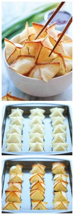 the process of making dumplings with chopsticks is shown in three different stages