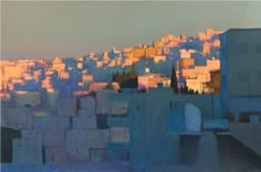 an abstract painting of cityscape with buildings in the foreground and hills in the background