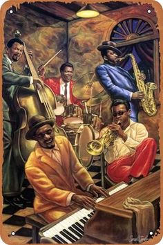 a painting of some people playing instruments