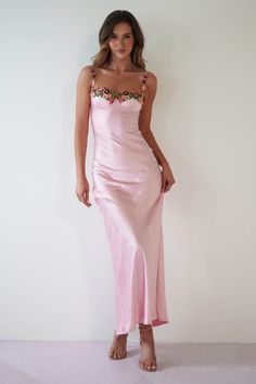 Pink Floral Wedding Guest Dress, Pink Satin Spring Dress, Pink Satin Dress With Lace Trim, Pink Satin Maxi Dress With Floral Print, Pink Satin Maxi Dress With Ruffles, Elegant Pink Satin Finish Maxi Dress, Long Pink Floral Dress, Pink Wedding Guest Dresses, Prom Dresses Long Pink