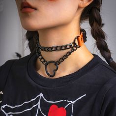 This edgy choker necklace features a layered chain design and an open heart pendant. 15.7" L Pendant : 1.3" W Rhodium plated copper / polyurethane Goth Choker, Chain Collar, Layered Choker Necklace, Collar Choker, Kawaii Goth, Layered Chain, Layered Chokers, Heart Choker, Black Choker