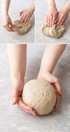 the process for making bread is shown with hands holding a dough ball and kneading it