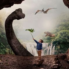 a young boy standing in the middle of a forest with dinosaurs and birds flying around