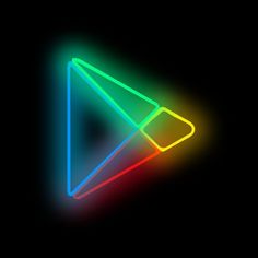 a neon colored play button on a black background with an arrow pointing to the left