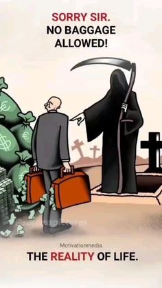 a cartoon depicting two men with bags of money and the caption says sorry sir no baggage allowed