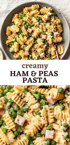 creamy ham and peas pasta in a skillet